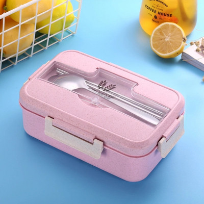 Пластмасова кутия за храна с три разделения и капак с място за съхранение на прибори в зелен, розов, бежов и син цвят