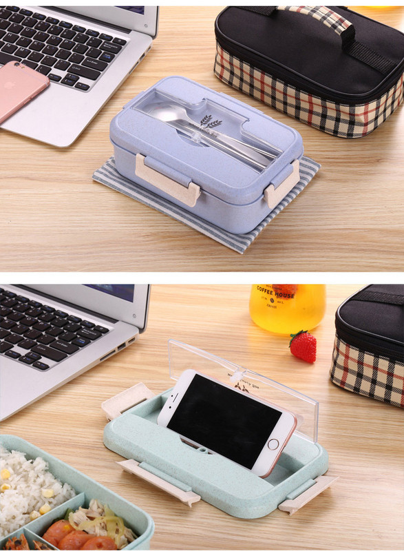 Пластмасова кутия за храна с три разделения и капак с място за съхранение на прибори в зелен, розов, бежов и син цвят