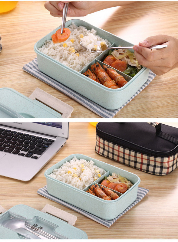 Пластмасова кутия за храна с три разделения и капак с място за съхранение на прибори в зелен, розов, бежов и син цвят