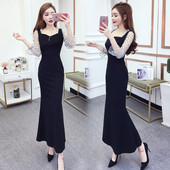 Μοντέρνο μακρύ γυναικείο φόρεμα με μακρύ μανίκι από τούλι σε μαύρο χρώμα