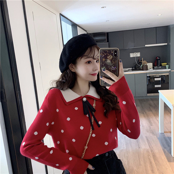 Γυναικείο πουλόβερ με περιλαίμιο σε κόκκινο και μπεζ χρώμα