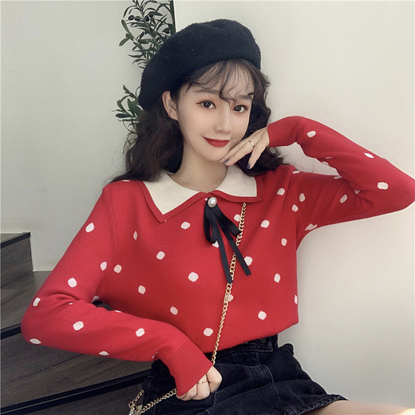 Γυναικείο πουλόβερ με περιλαίμιο σε κόκκινο και μπεζ χρώμα