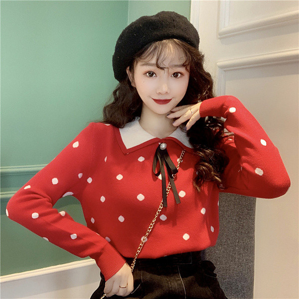 Γυναικείο πουλόβερ με περιλαίμιο σε κόκκινο και μπεζ χρώμα