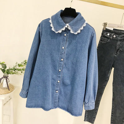 Μοντέρνο γυναικείο πουκάμισο με δαντέλα σε μπλε χρώμα