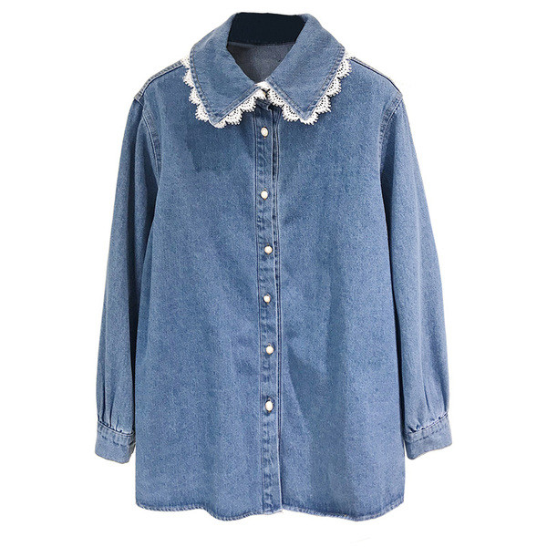 Μοντέρνο γυναικείο πουκάμισο με δαντέλα σε μπλε χρώμα