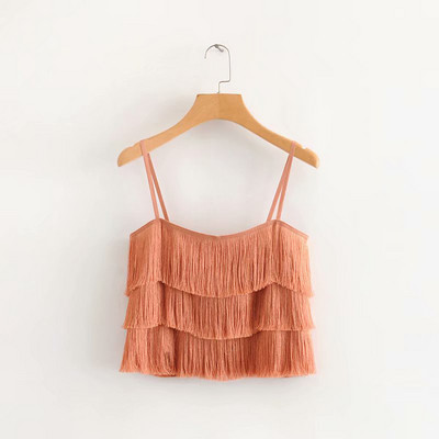 Μοντέρνο κοντό αμάνικο  με λεπτές λωρίδες και κρόσσια σε μαύρο και ροζ χρώμα