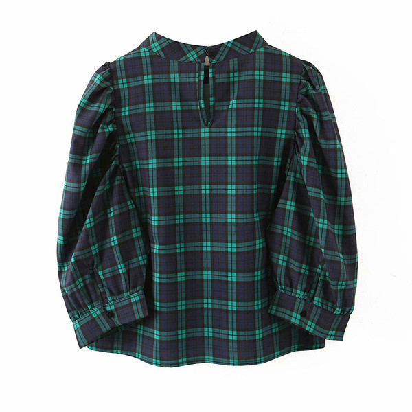 Σύντομο καρό πουκάμισο με βολάν μανίκι 3/4 σε μπλε χρώμα