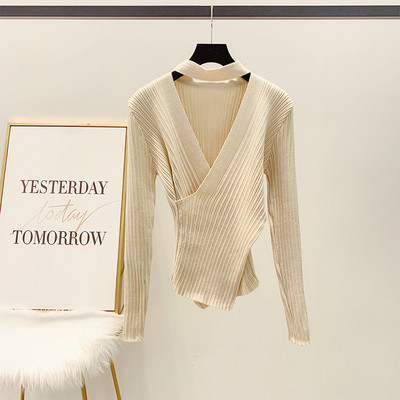 Γυναικείο πλεκτό πουλόβερ V-neck με κόκκινο, μπεζ, μαύρο και καφέ χρώμα