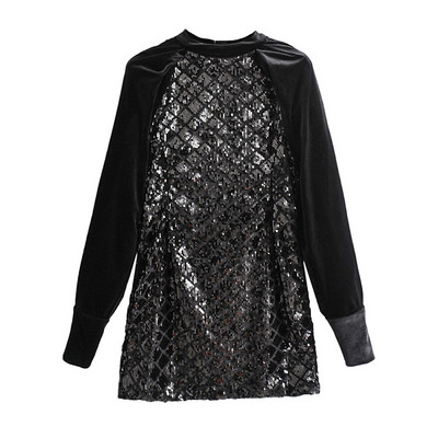 Modern rövid fekete ruha flitterekkel és bársony ujjakkal