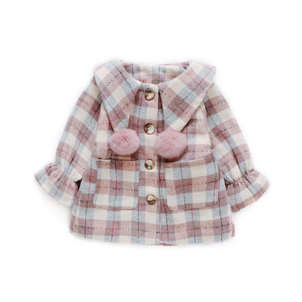 Καρό παιδικό παλτό για κορίτσια σε δύο χρώματα με γούνα και κουμπιά