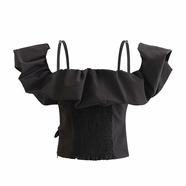 Μικρή κοντή μπλούζα με λεπτούς ιμάντες ώμου και φαρδιά μανίκια σε μαύρο χρώμα