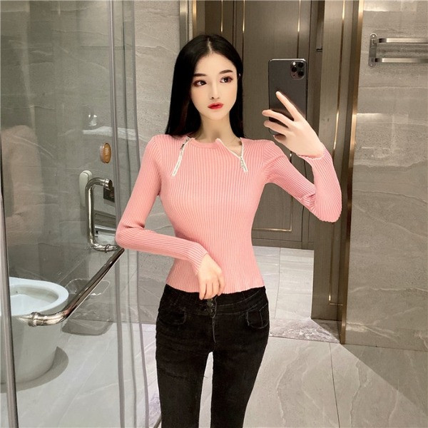 Μοντέρνα γυναικεία μπλούζα με φερμουάρ και μακριά μανίκια σε μαύρο και ροζ χρώμα