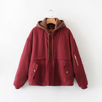 Γυναικείο φθινόπωρο-χειμωνιάτικο μπουφάν με φερμουάρ και κουκούλα σε μπορντό και μαύρο χρώμα