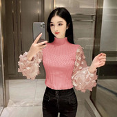 Alkalmi női pulóver magas gallérral és tüll ujjú rózsaszín, fehér és fekete színben