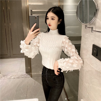 Alkalmi női pulóver magas gallérral és tüll ujjú rózsaszín, fehér és fekete színben