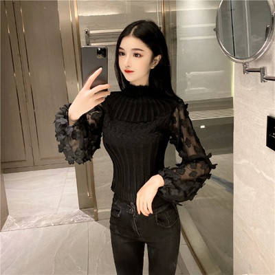 Alkalmi női pulóver magas gallérral és tüll ujjú rózsaszín, fehér és fekete színben