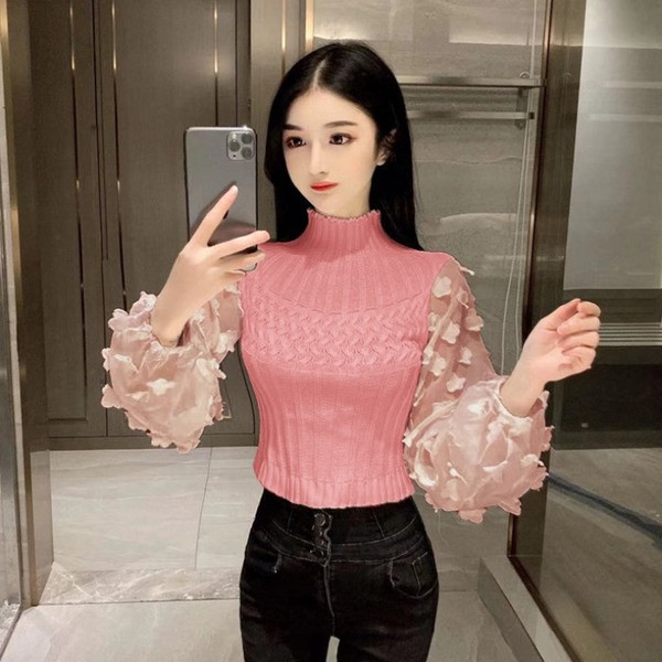 Alkalmi női pulóver magas gallérral és tüll ujjú rózsaszín, fehér és fekete színben