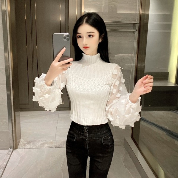 Alkalmi női pulóver magas gallérral és tüll ujjú rózsaszín, fehér és fekete színben