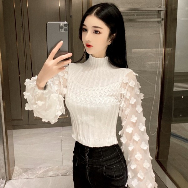 Alkalmi női pulóver magas gallérral és tüll ujjú rózsaszín, fehér és fekete színben