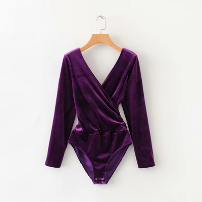 Μοντέρνο κορμάκι με βαθύ λαιμόκοψη και μακρύ μανίκι από βελούδο σε μπλε και μοβ χρώμα