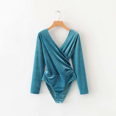 Μοντέρνο κορμάκι με βαθύ λαιμόκοψη και μακρύ μανίκι από βελούδο σε μπλε και μοβ χρώμα