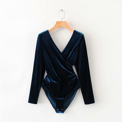 Μοντέρνο κορμάκι με βαθύ λαιμόκοψη και μακρύ μανίκι από βελούδο σε μπλε και μοβ χρώμα