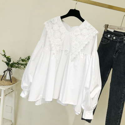 Νέο μοντέλο γυναικείο πουκάμισο με κολάρο δαντέλα σε λευκό χρώμα - ευρύ μοντέλο