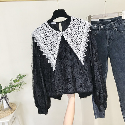 Νέο μοντέλο γυναικείο πουκάμισο  βελούδινο με γιακά από  δαντέλα σε μαύρο και μπεζ χρώμα