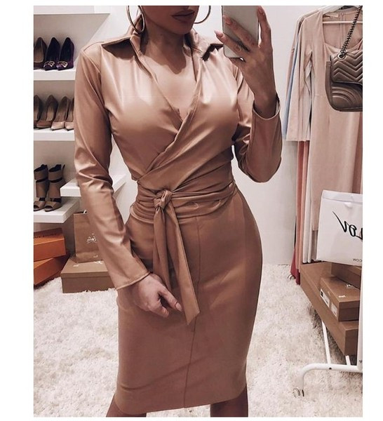 Модерна дамска кожена рокля с дълъг ръкав и колан в черен,бял и кафяв цвят 