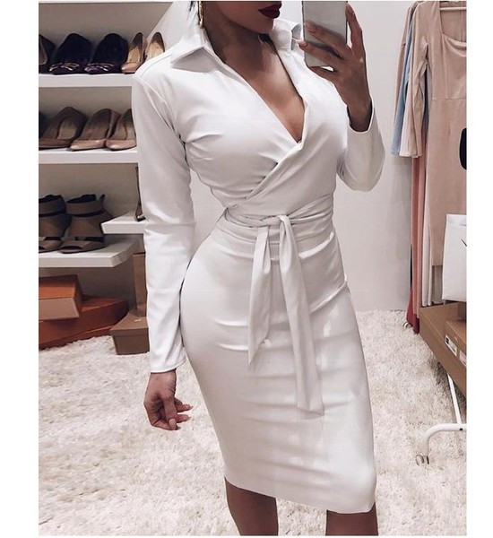 Модерна дамска кожена рокля с дълъг ръкав и колан в черен,бял и кафяв цвят 