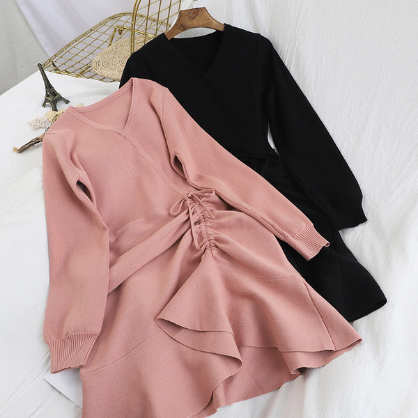 Γυναικείο φόρεμα με μακρύ μανίκι - Α-γραμμή σε μαύρο, κόκκινο, ροζ και μπεζ χρώμα