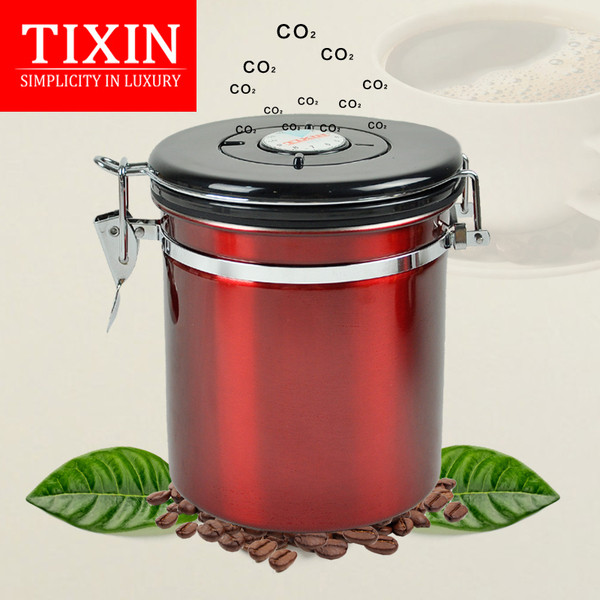 Rozsdamentes acél doboz tetővel, amely alkalmas tea, kávé és gabonafélék tárolására piros, sárga és szürke színben