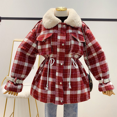 Дамско ватирано палто с връзки на талията и колан на ръкава в кафяв и червен цвят