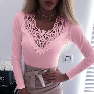 Női alkalmi blúz hosszú ujjal és csipkével kék, piros, fehér, zöld és rózsaszín színben