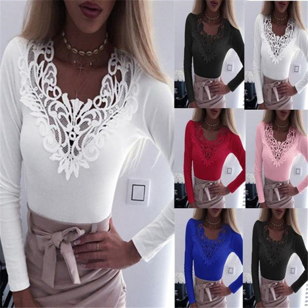 Női alkalmi blúz hosszú ujjal és csipkével kék, piros, fehér, zöld és rózsaszín színben