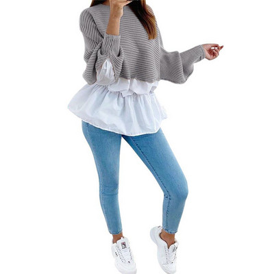 Μοντέρνο μακρύ γυναικείο πουλόβερ με μακρύ μανίκι με οβάλ ντεκολτέ στο γκρι, κόκκινο, καφέ και ροζ χρώμα