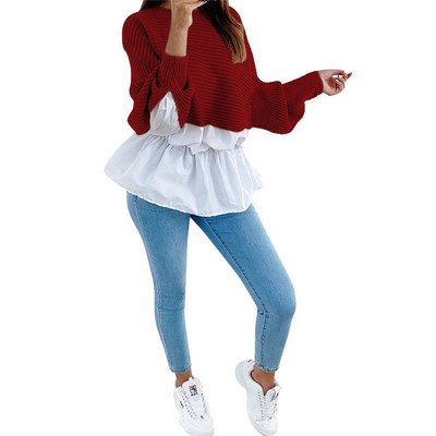 Μοντέρνο μακρύ γυναικείο πουλόβερ με μακρύ μανίκι με οβάλ ντεκολτέ στο γκρι, κόκκινο, καφέ και ροζ χρώμα