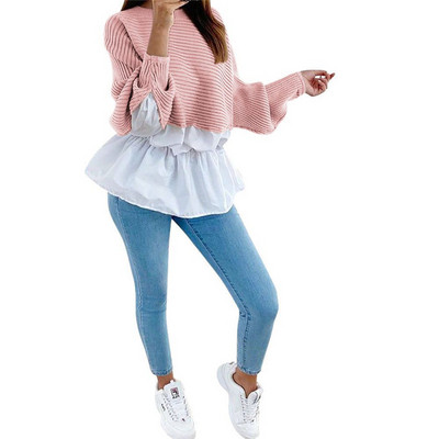 Μοντέρνο μακρύ γυναικείο πουλόβερ με μακρύ μανίκι με οβάλ ντεκολτέ στο γκρι, κόκκινο, καφέ και ροζ χρώμα