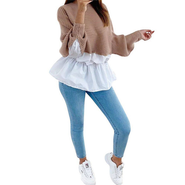 Μοντέρνο μακρύ γυναικείο πουλόβερ με μακρύ μανίκι με οβάλ ντεκολτέ στο γκρι, κόκκινο, καφέ και ροζ χρώμα