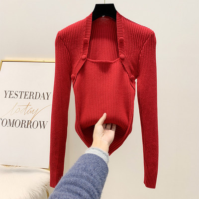 Γυναικείο πλεκτό πουλόβερ με τετράγωνη λαιμόκοψη σε μπλε, κόκκινο, μπεζ και μαύρο χρώμα