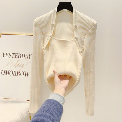 Γυναικείο πλεκτό πουλόβερ με τετράγωνη λαιμόκοψη σε μπλε, κόκκινο, μπεζ και μαύρο χρώμα