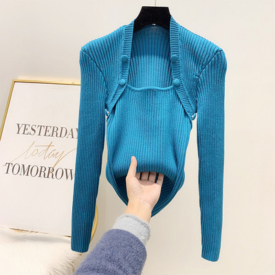 Γυναικείο πλεκτό πουλόβερ με τετράγωνη λαιμόκοψη σε μπλε, κόκκινο, μπεζ και μαύρο χρώμα