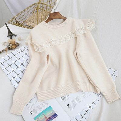 Γυναικείο φούτερ με δαντέλα και στρογγυλή λαιμόκοψη σε λευκό, κόκκινο, καφέ και κίτρινο χρώμα