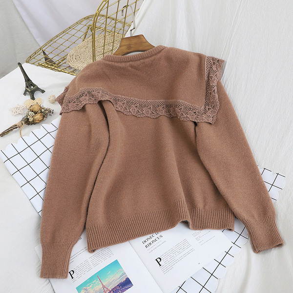 Γυναικείο φούτερ με δαντέλα και στρογγυλή λαιμόκοψη σε λευκό, κόκκινο, καφέ και κίτρινο χρώμα