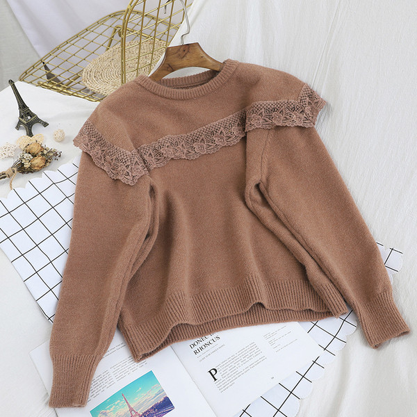 Γυναικείο φούτερ με δαντέλα και στρογγυλή λαιμόκοψη σε λευκό, κόκκινο, καφέ και κίτρινο χρώμα