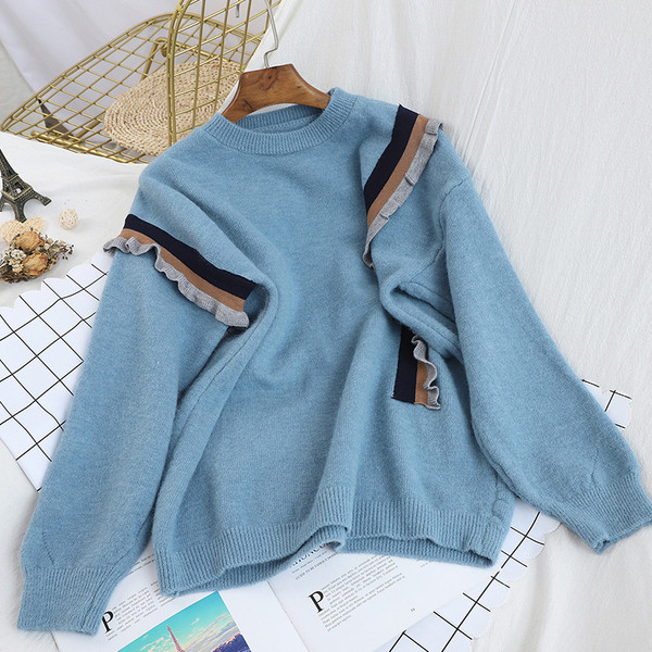 Καθημερινό  γυναικείο πλεκτό πουλόβερ με ωοειδές ντεκολτέ σε λευκό, μαύρο, μπλε και ροζ χρώμα