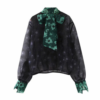 Μοντέρνα γυναικεία μπλούζα σιφόν με κορδέλα σε μπλε χρώμα και χρωματιστό πριντ