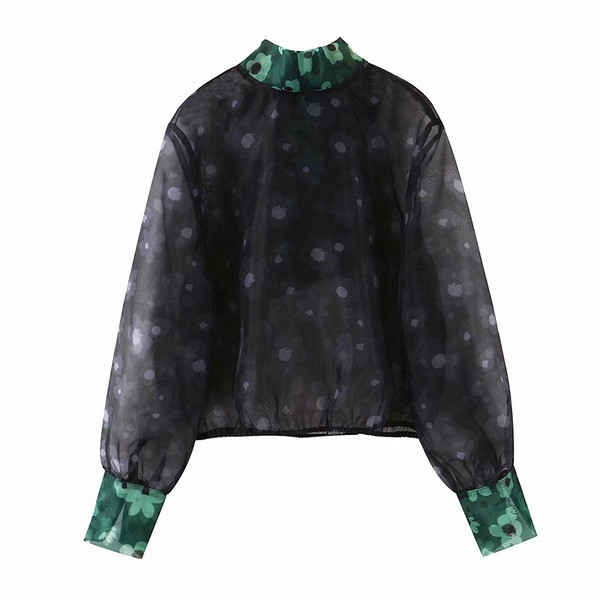 Modern női sifon blúz szalaggal a nyakkivágásán kék színben, virágmintás