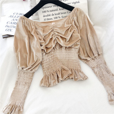 Μοντέρνα γυναικεία βελούδινι μπλούζα σε τέσσερα χρώματα με τετράγωνη λαιμόκοψη