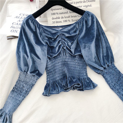 Μοντέρνα γυναικεία βελούδινι μπλούζα σε τέσσερα χρώματα με τετράγωνη λαιμόκοψη